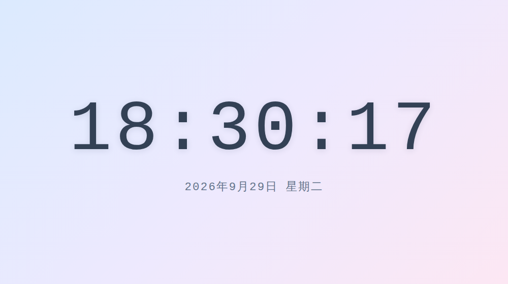 Claude Code 接 DeepSeek 做出来的数字时钟网页：浅色渐变背景，正中间是大号的 18:30:17，下面一行小字 2026年9月29日 星期二